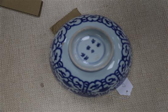 A Chinese blue and white bowl, 16th/17th century, D. 20.3cm, hairline cracks